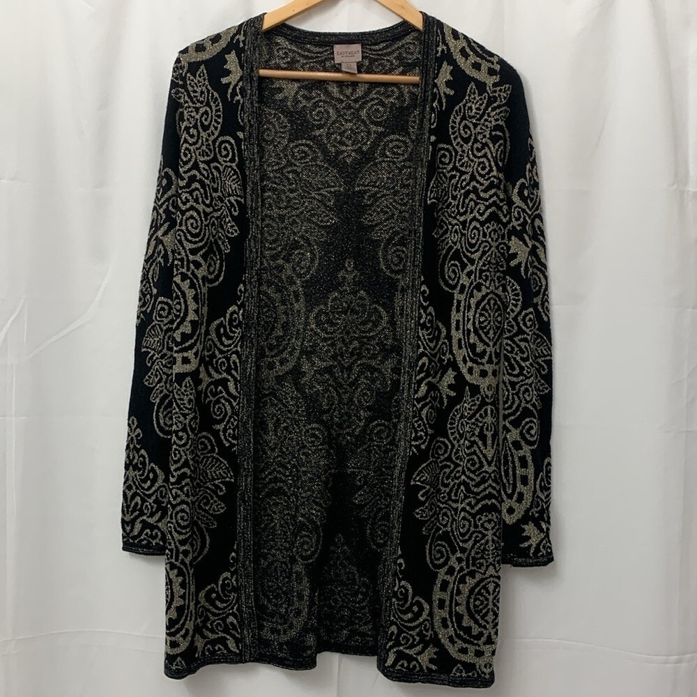 Chicos Easywear Metallic Gold Black Damask Open Front Cardigan Sweater Size 0 S
